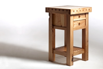 Butchers block in English Elm, Cornish Rhododendron with traditional maple chopping block.