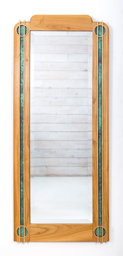A beautiful Mirror inspired by the Art Deco movement, in Cornish cherry with maple and patinated copper detail.