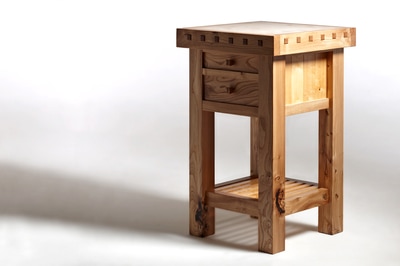 Butchers block in English Elm, Cornish Rhododendron with traditional maple chopping block.