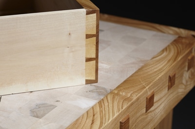Butchers block in English Elm, Cornish Rhododendron with traditional maple chopping block. Drawer detail.