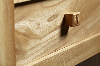 Butchers block in English Elm, Cornish Rhododendron with traditional maple chopping block. Drawer detail.