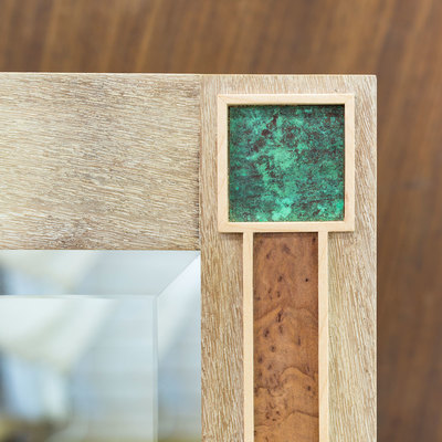 A beautiful Mirror inspired by the Art Deco movement, in bleach and lime waxed reclaimed sapele with patinated copper, maple and vavona details.