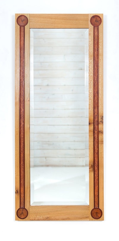 A beautiful Mirror inspired by the Art Deco movement, in Elm, reclaimed padauk,  vavona and yew oyster detail.
